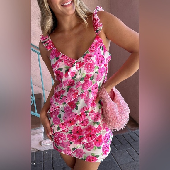 Show Me Your Mumu Rosa Pink Floral Ruffle Mini Dress Size Medium NWT - Picture 3 of 4